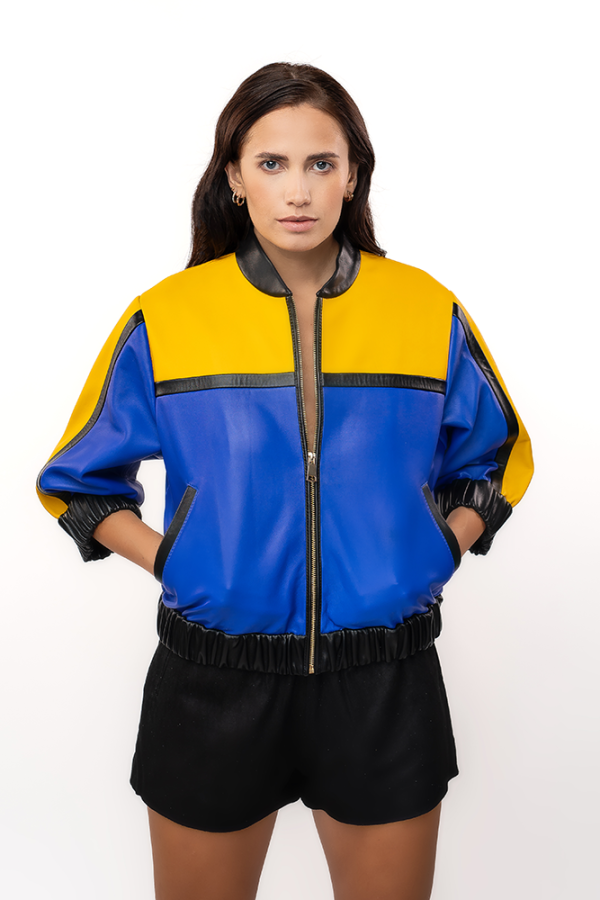 A vibrant leather bomber jacket