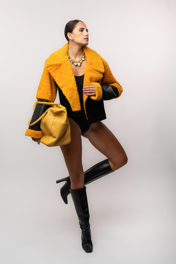 Two-Tone Shearling Coat in Yellow and Black