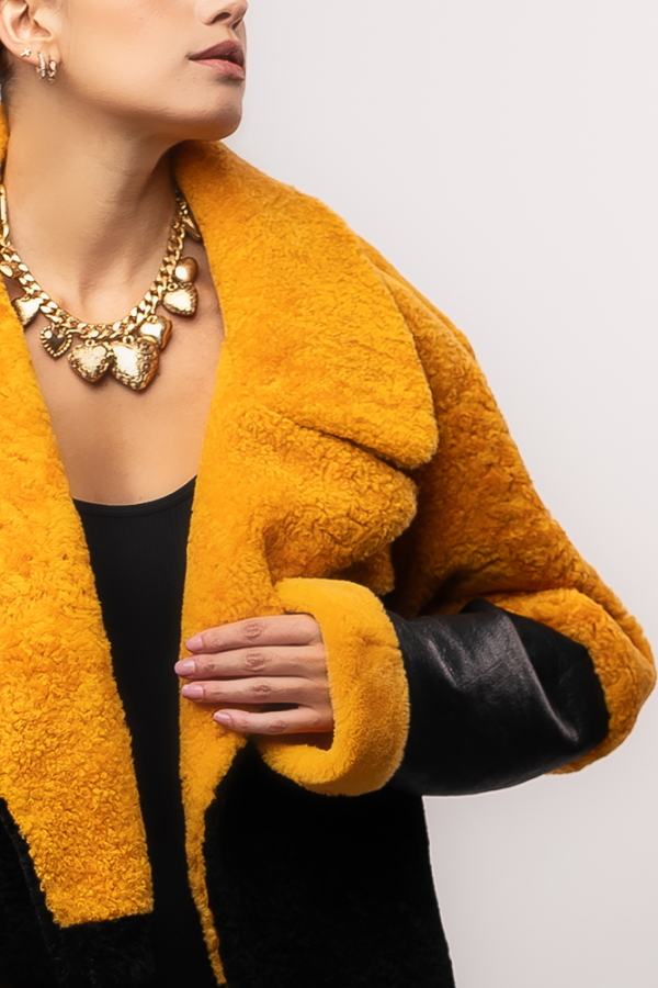 Two-Tone Shearling Coat in Yellow and Black - Image 3