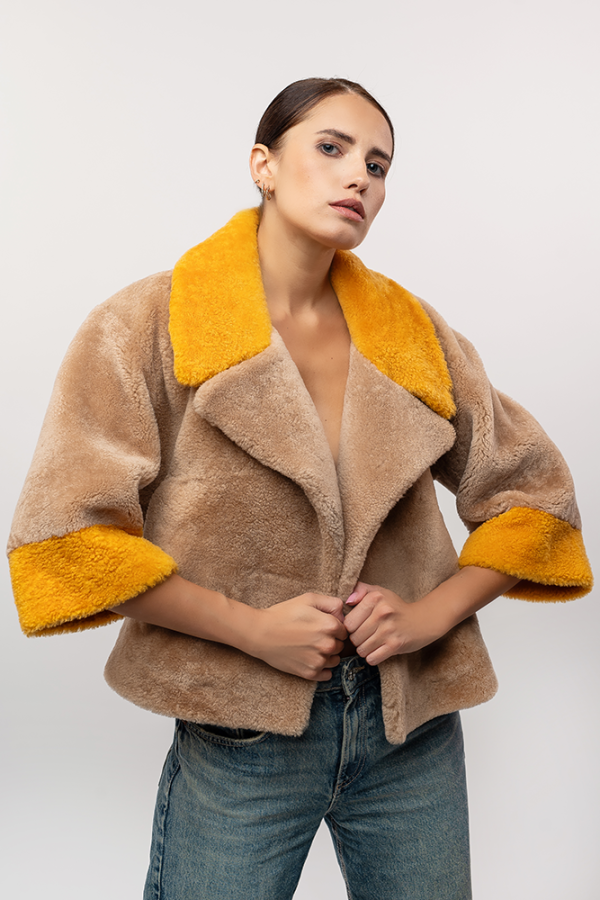 Beige Shearling Coat with Yellow Accents