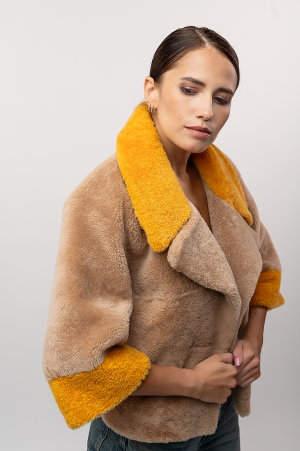 Beige Shearling Coat with Yellow Accents - Image 2