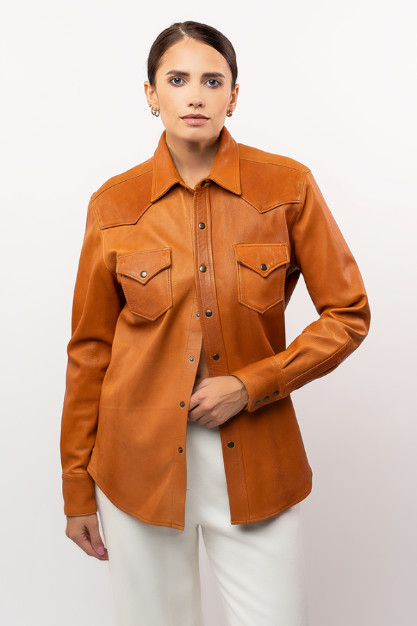 Camel-colored leather shirt