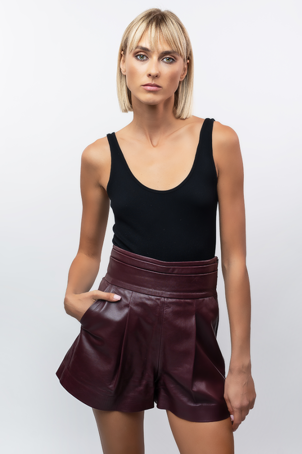 High-waisted leather shorts